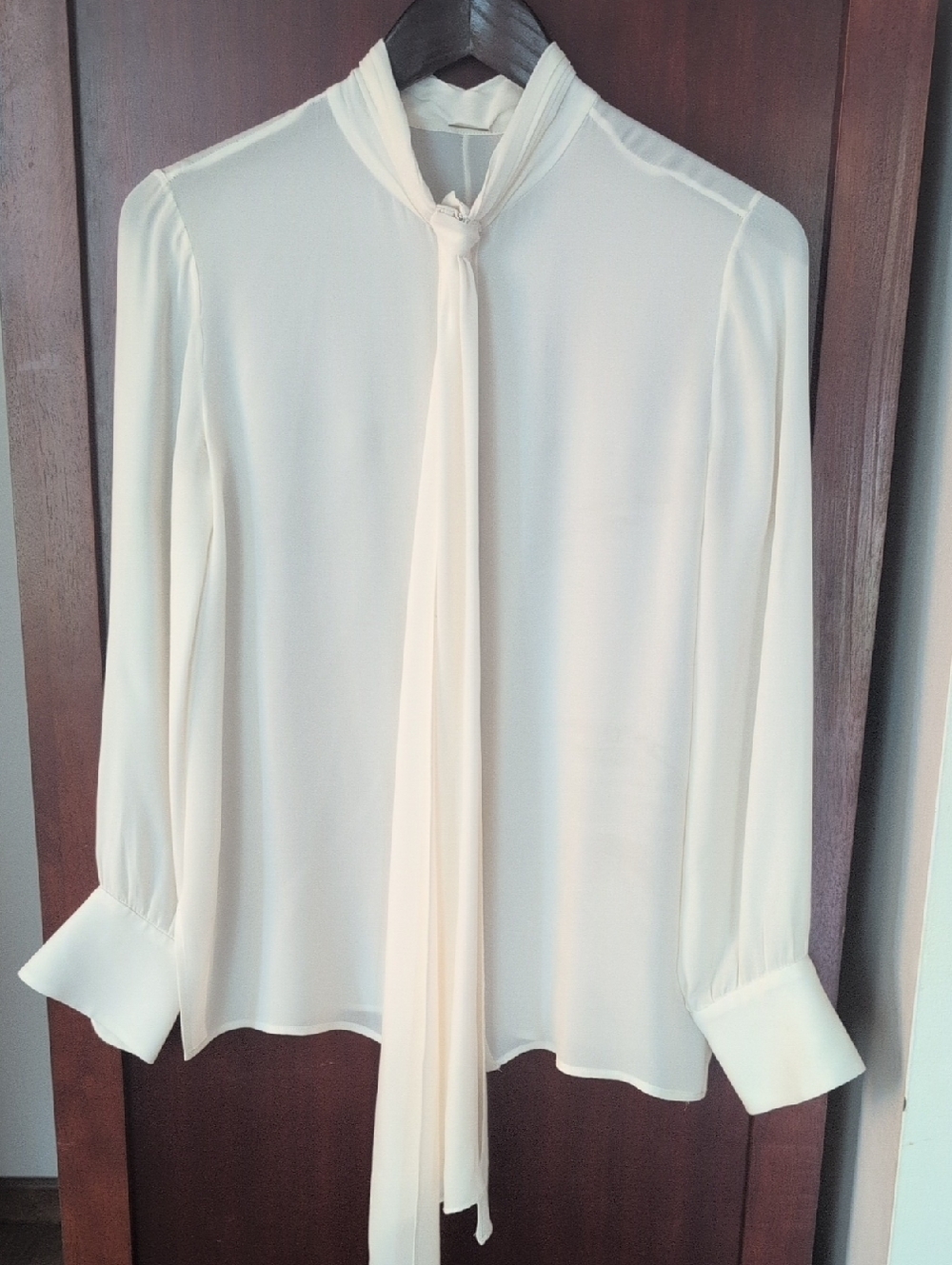 Adam Lippes Cream Asymmetrical Scarf Tie-Neck Blouse Silk Crepe